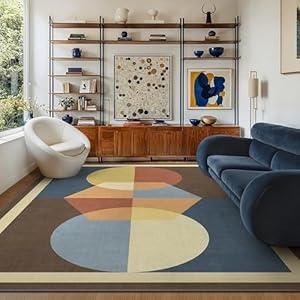 Bavni Geometric Area Rug 8x10, Retro Mid-Century Modern Machine Washable Rug, Funky Colorful or Neutral Style, Non Slip Thin Office Rug, Abstract Non-Shedding Rugs for Living Room, Bedroom, Brown/ Blue