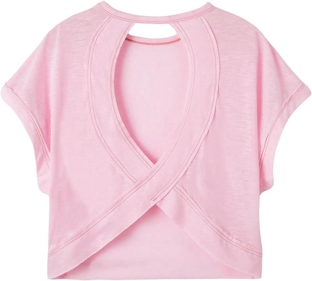 SOLY HUX 2024 Open Back Tops for Women Criss Cross Cut Out Tee Backless Casual Short Sleeve Round Neck T Shirt (Medium, Plain Light Pink)