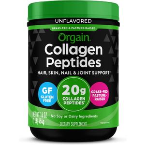 Orgain Hydrolyzed Collagen Peptides Powder For Women & Men, 20g Grass Fed Collagen, Unflavored - Hair, Skin, Nail, & Joint Support Supplement, Paleo & Keto, Non-GMO, Type I and III, 1lb (EXP 10/28/27)