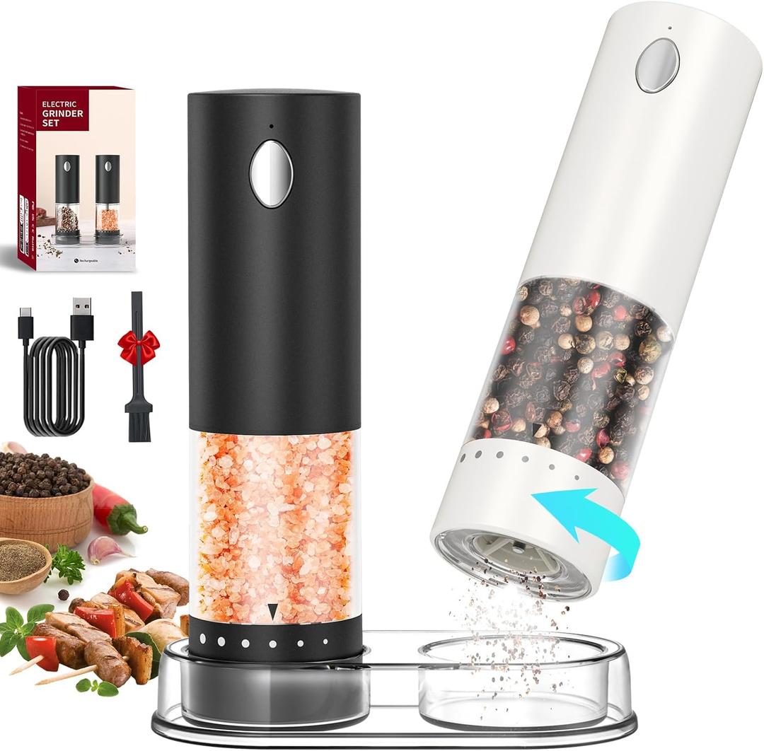 CIRCLE JOY Electric Salt and Pepper Grinder Set Rechargeable Salt and Pepper Mills with 6-Level External Adjustable Coarseness, White LED Light and Storage Base, Black & White