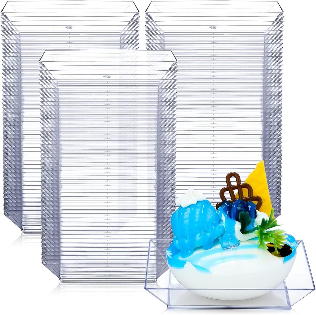 Zhehao 100 Pcs Plastic Dessert Appetizer Plates Disposable, 3.6 x 3.6 Inch Small Square Plastic Dessert Cake Plate for Party, Valentine's Day Wedding Birthday Bridal Baby Shower Supplies (Clear)