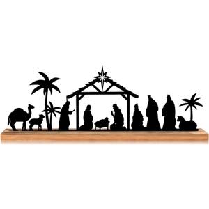 Metal Nativity Sets for Christmas Decorations Black Metal Nativity Scene with Wooden Base for Xmas Home Indoor Mantel Tabletop Office Kitchen Table Shelf Decor (Classic)