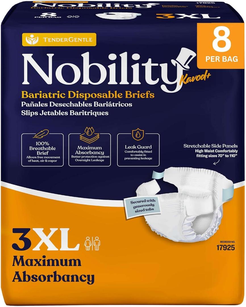 3XL Adult Diapers for Women and Men - 8 Bariatric Disposable Briefs with Tabs and Stretchable Side Panels - Breathable with Maximum Absorbency