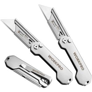 WORKPRO 3-Pack Folding Utility Knife, Quick Change Blades Box Cutter, EDC Foldable Pocket Utility Knife Sets with Belt Clip (Silver-stainless Steel)