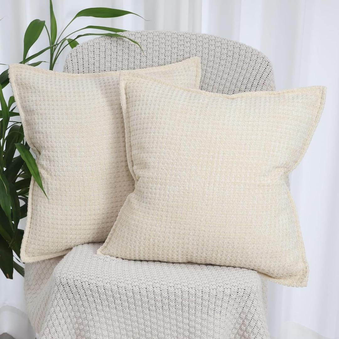 OYIMUA Set of 2 Decorative Chenille Checkered Throw Pillow Covers 16x16 Beige Neutral Farmhouse Vintage Cushion Covers Modern Boho Pillowcases for Sofa Couch Bedroom Living Room Home Decor