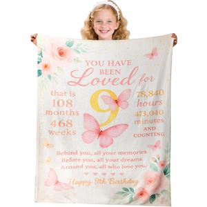 9th Birthday Blanket for Girls  50"x40" Soft Flannel Throw  Cute Birthday Gifts for 9 Year Old Girl  Trendy Present for Girls Age 9  Cozy Lightweight Anti-Pilling Blanket for Kids