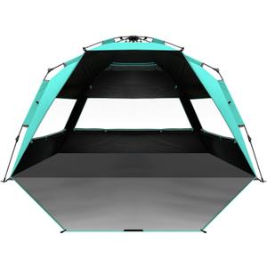 OutdoorMaster Beach Tent with Blackout Shelter Technology, Portable Beach Shade Sun Shelter Canopy for 4-6 Person with UPF 50+ UV Protection, Easy Setup Pop Up Tent Family Size (Green)