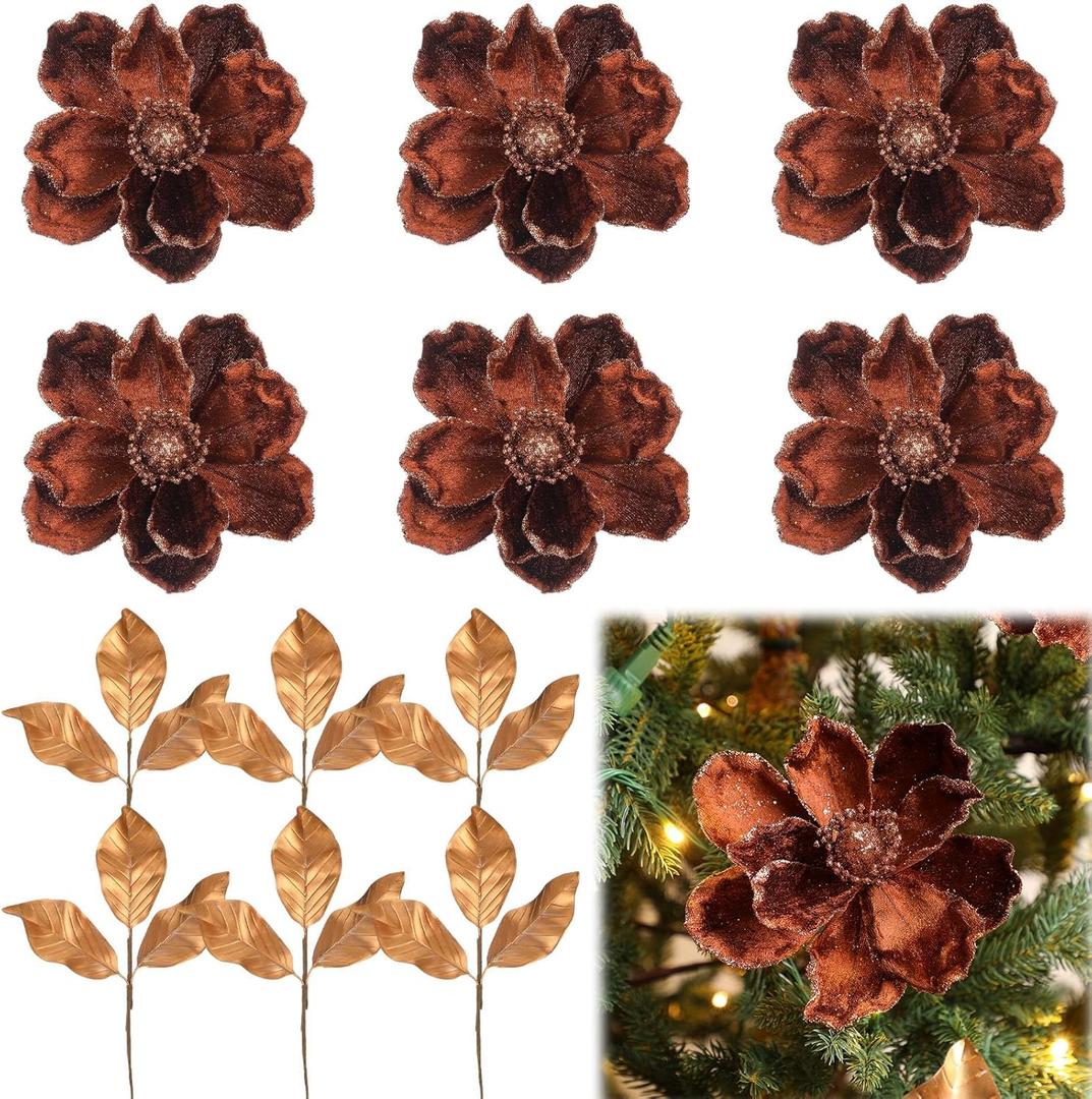 12 Pcs Christmas Magnolia Picks Set 6 Magnolia Flower 6 Golden Leaves Picks Glitter Artificial Flower for Christmas Tree Wreath Decor Floral Ornaments for Xmas Party Holiday(Brown)
