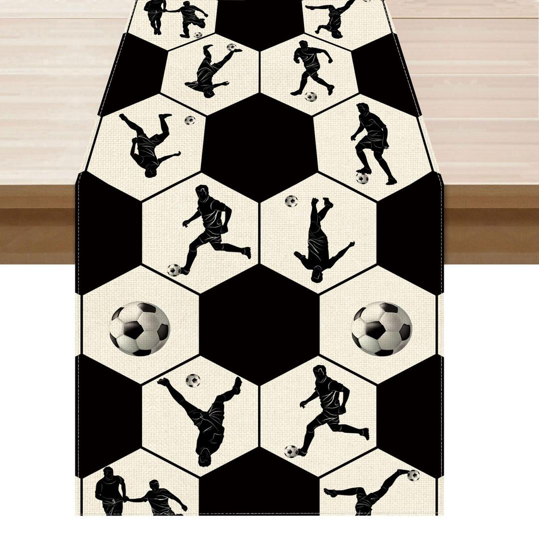 XCHI Black and White Checkered Soccer Player Table Runner Game Day Table Decoration for Soccer Party Home Kitchen Dining Holiday Decor 13x108 Inch