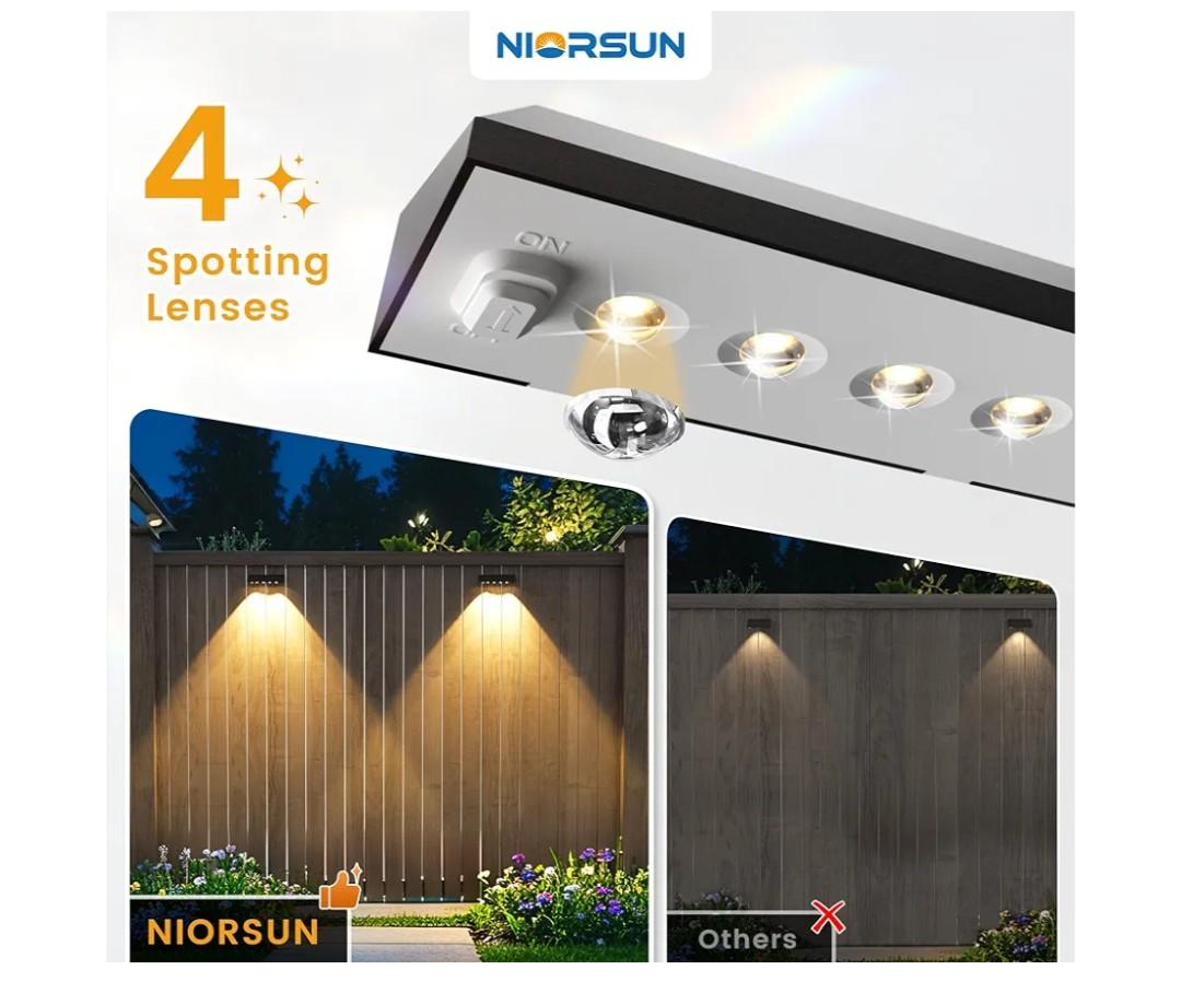 NIORSUN Solar Fence Lights 7 Pack, 3000K Warm White with 4 Spot Lenses, 100 Lumens Wider Coverage, IP65 Waterproof, Auto On/Off, Peel and Stick for Fence, Deck, Wall, Garden