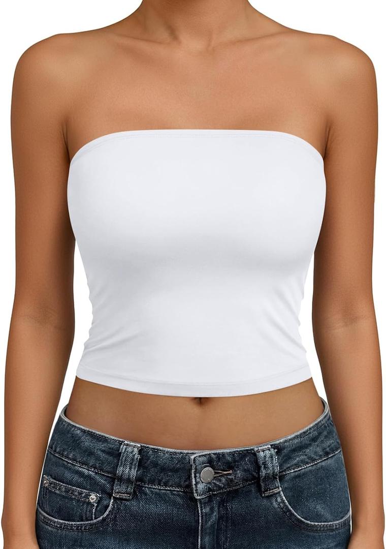 Trendy Queen Womens Tube Tops Strapless Crop Tops Basic Backless Sleeveless Going Out 2026 Spring Outfits Summer Clothes (White, XL)