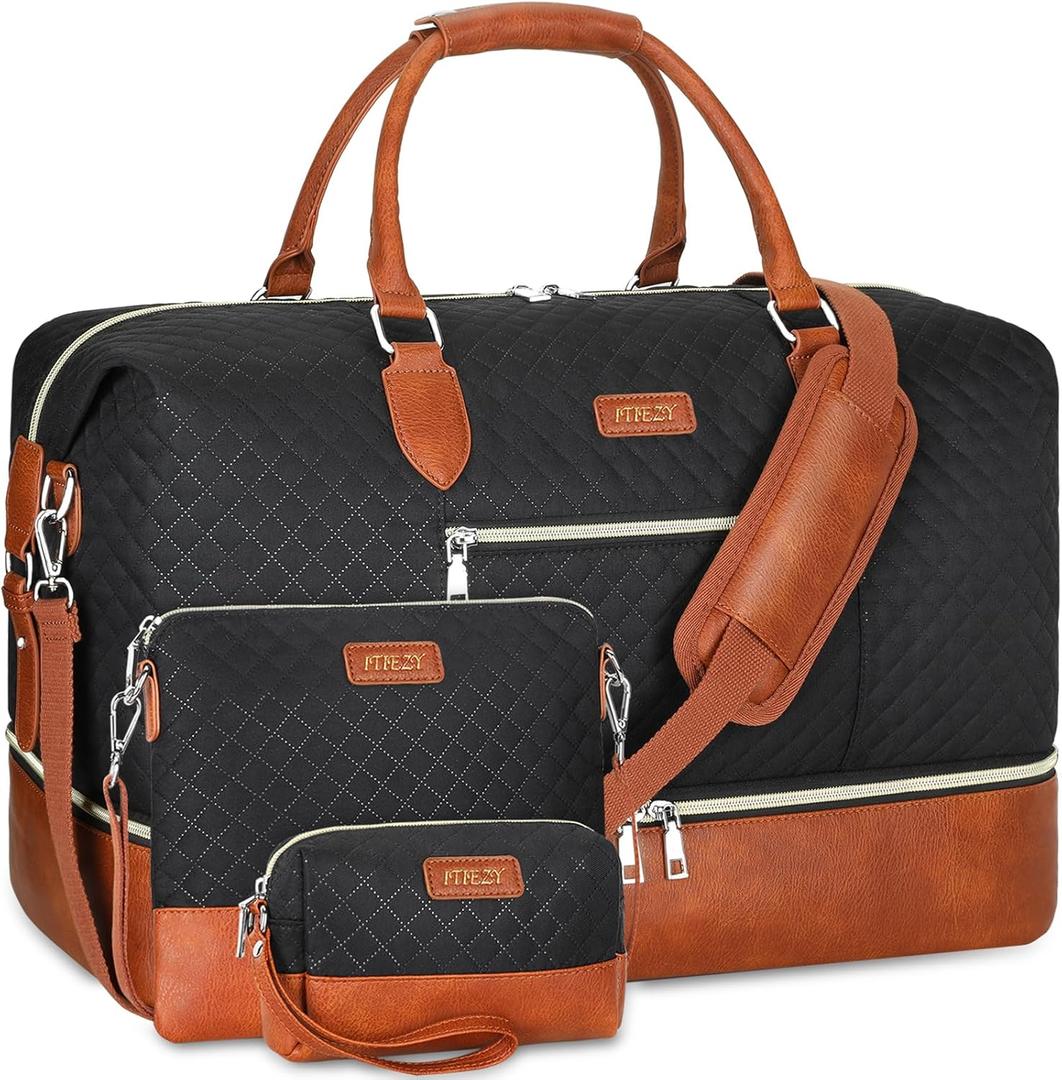 Weekender Bag for Women, Travel Duffel Bag Carry On Overnight Bag with Shoe Compartment Large Nylon Travel Weekend Tote Bag (4-Black)