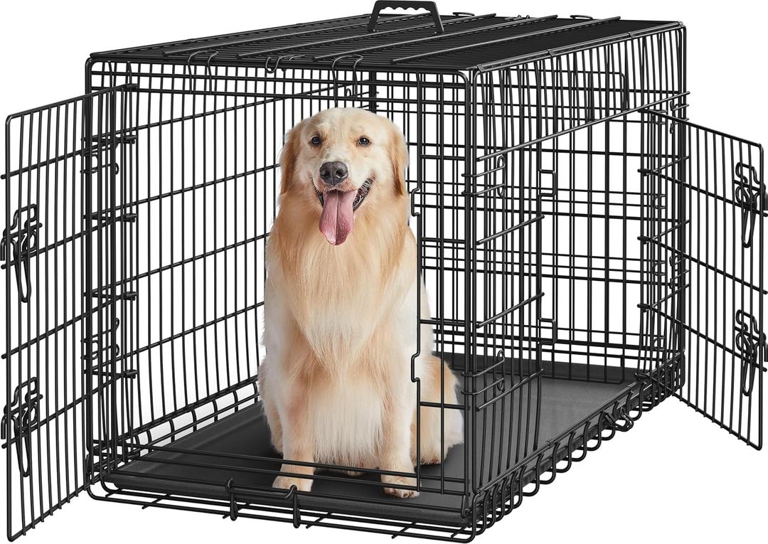 Yaheetech 42 inch Double Door Dog Crate w/Divider for Puppy to Adult XL Collapsible Metal Crate with Removable Tray Wire Dog Kennel for Large Dogs Portable Travel Cage, Black