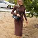 ZESICA Womens 2026 Fall Long Sleeve Mock Neck Bodycon Midi Dress Ruched Knit Elegant Party Cocktail Formal Dresses (Brown, M)
