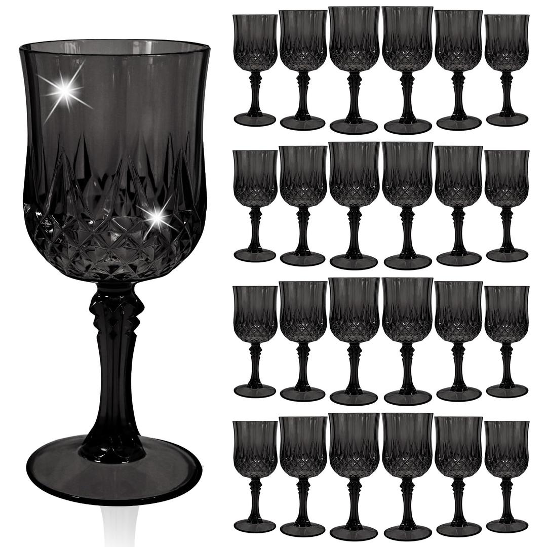 48 Pcs Black Plastic Wine Glasses, Plastic Goblets for Parties, Vintage Wine Glasses Bulk, Reusable Drinking Glass, Drinkware Cups for Wedding Party Reception Event Supplies
