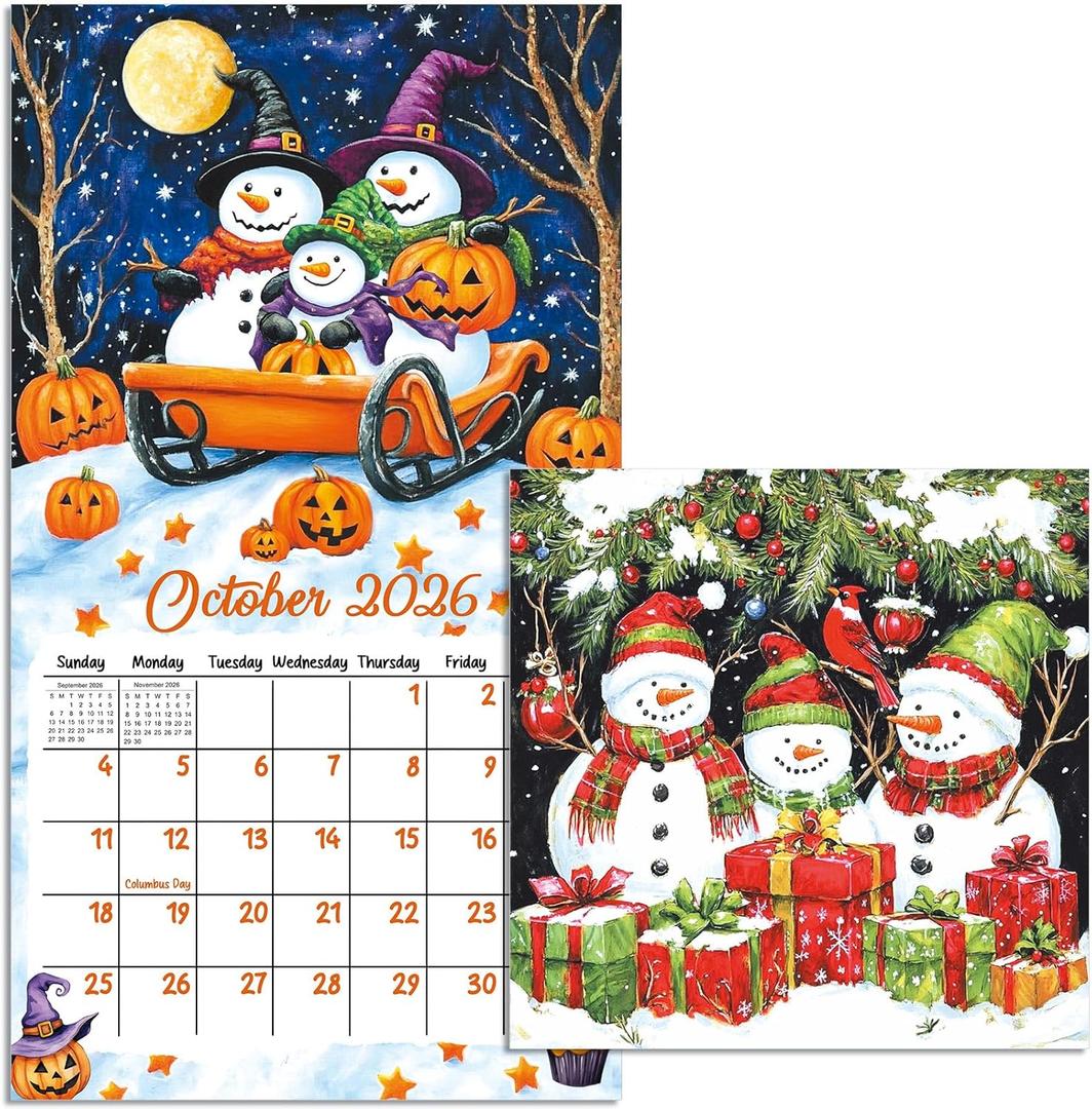 Snowman Calendars Wall 2026 13.4'' x 12'', 12 Month Calendar with Stapled Binding Snowman 2026 Wall Calendar for Family, Work Office School