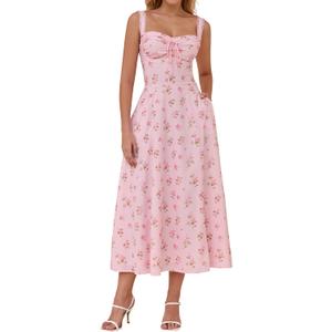 KUTUMAI Floral Corset Midi Dresses for Women 2025 Lace Up Flowy Summer Wedding Guest Dress with Pockets PinkFloral L
