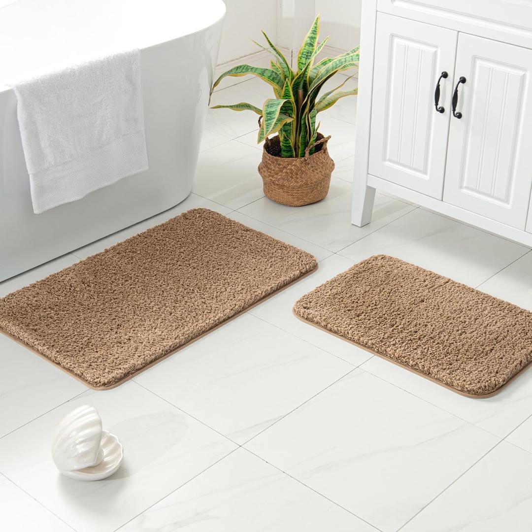 MIULEE Microfiber Bathroom Rugs and Mats Sets 2 Pieces Extra Thick Non Slip Bath Mat Absorbent Soft Shaggy Washable Quick Dry Rug for Bath Room Floor Restroom, 16"x24"+20"x30", Light Brown