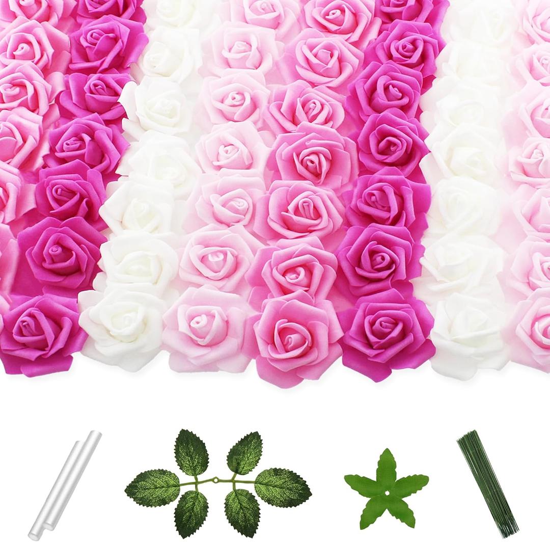 100 Pcs 2 Inch Artificial Flowers Faux Foam Fake Rose Head Bulk for Home Decor Wedding Decoration Bridal Shower Wall Table Centerpiece Arrangement DIY Craft (4 Shades of Pink White)