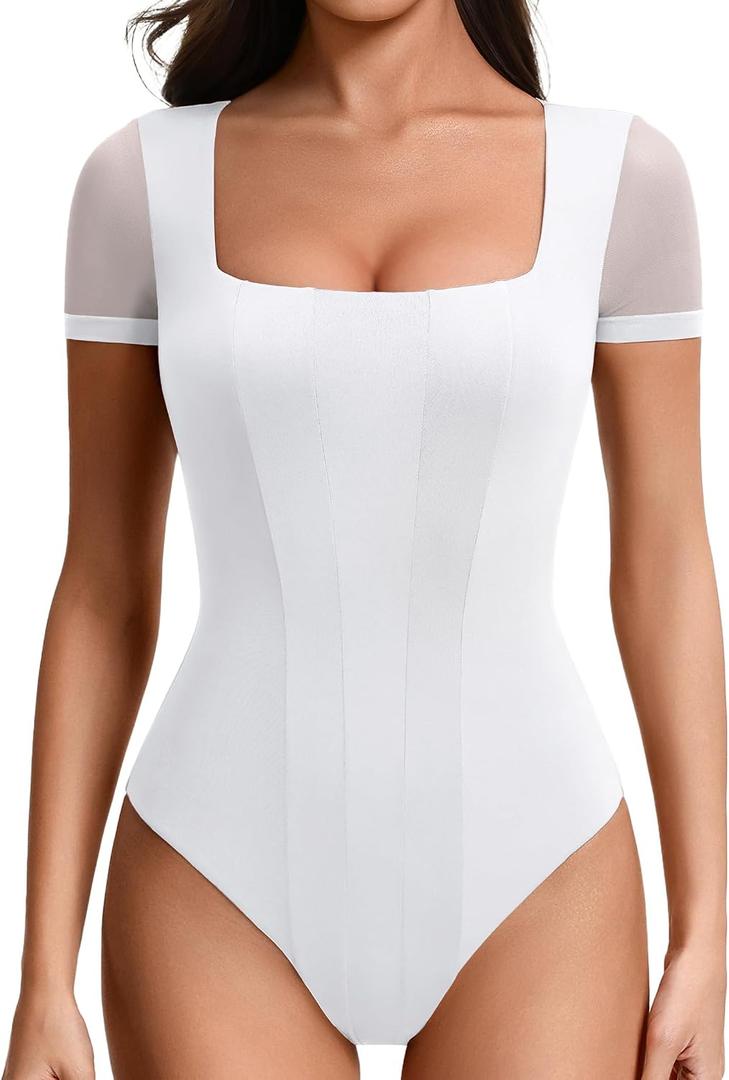 Avidlove Women's Short Sleeve Bodysuits Sexy Square Neck Body Suit Mesh Double Lined Tshirt Leotard Tops Going Out, Size M