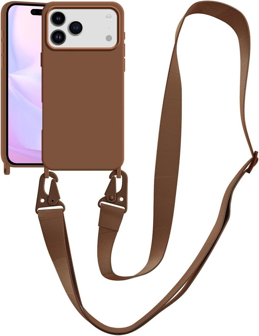 Compatible with iPhone 17 Pro Case with Lanyard Crossbody iPhone Case with Strap Adjustable Shockproof Drop Protection Silicone Phone Cover for iPhone 17 Pro 6.3 inch Brown