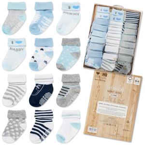 Baby Socks 12 Pairs - Non-Slip Infant Grip for Newborns & Toddlers 0-6 Months, Boys & Girls, Safe for Walking (Blue)