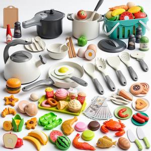 130Pcs Kitchen Playset, Toddler Pretend Cooking Play Pots, Pans, Utensils Cookware, Daily Food Fruit Veges, Shopping Storage Basket, Dessert, Prop Money, Learning Gift for Child (White)