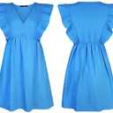 FANCYINN Women's Summer Casual Babydoll Mini Dress Ruffle Sleeveless Deep V Neck Pleated Swing Flowy Tunic Dress (Blue, M)