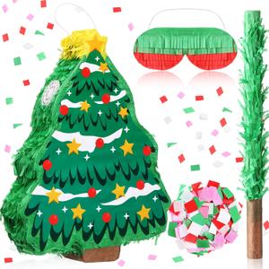 HyDren Christmas Tree Piata Decorations 16 Inch Christmas Mexican Piata with Stick Confetti and Blindfold Bundle for Xmas Favors Party Decor Holiday Photo Props Carnival Game Prizes (Red and Green)