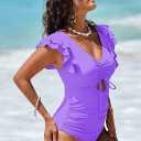 Sovoyontee Women's Ruffle One Piece Swimsuit Tummy Control Bathing Suits Drawstring Cutout V Neck Swimwear (Purple, S)