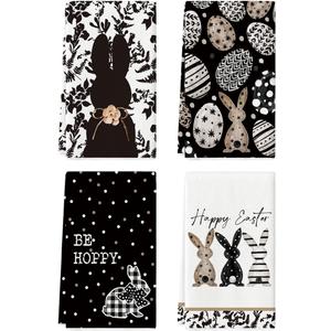 Artoid Mode Black Bunny Eggs Flower Happy Easter Kitchen Towels Dish Towels, 18x26 Inch Spring Farmhouse Leaves Decoration Hand Towels Set of 4