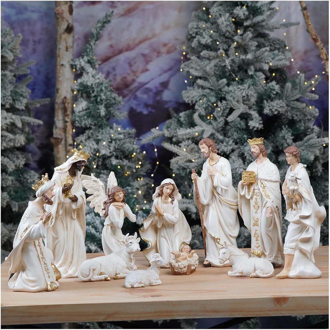 Zayton Nativity Set Christmas Indoor 11 Pcs 8 Inch Scene Statue Figurines Jesus Manger Crib Ornament Church Xmas Home Catholic Religious Decoration