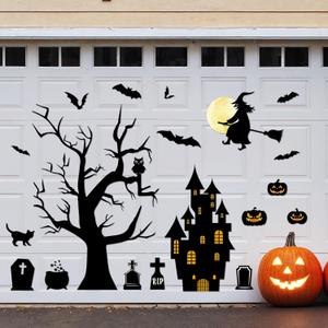 20Pcs Halloween Garage Door Decorations Black Magnet Stickers Witch Withered Tree Tombstone Pumpkin Bat Cat Large Magnetic Halloween Party Favors Decor Home Car Refrigerator Outdoor Windows Supplies