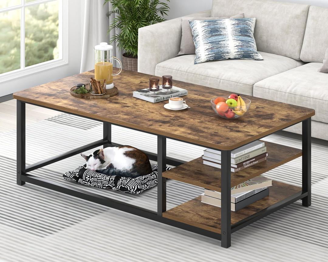 EXCEFUR Modern Coffee Table, Rustic Wood and Metal Living Room Table with Storage Shelf, Industrial Brown, 47 Inch