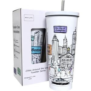 Cities Around the World 25 Oz Tumbler Series - Designed in the USA - Vacuum Insulated Tumbler with Lids & Straw - Stainless Steel Coffee Water Travel Mug, Cup for Hot Cold Drink (Boston)