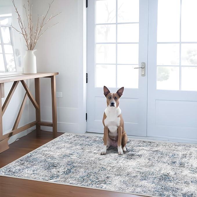 Abstract 3x5 Washable Rug-Modern Non Slip Area Rug Soft Carpet Foldable Distressed Stain Resistant Neutral Rugs for Hallway Living Room Bedroom Decor Indoor Small Farmhouse Rug 3'x5' Blue Gray