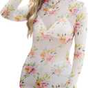 Floral Lace Mesh Top Women Long Sleeve Sheer Tops Mock Neck See Through Tee Shirts Fitted Sexy Going Out Outfits (L)