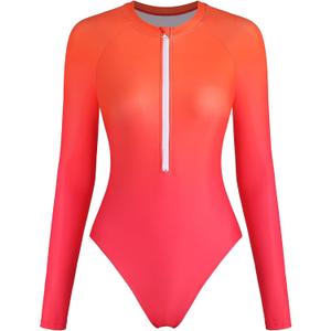 ZAFUL Women's Long Sleeve Rash Guard Swimsuit One Piece Zipper Surfing Bathing Suit (Ombre Red), Small