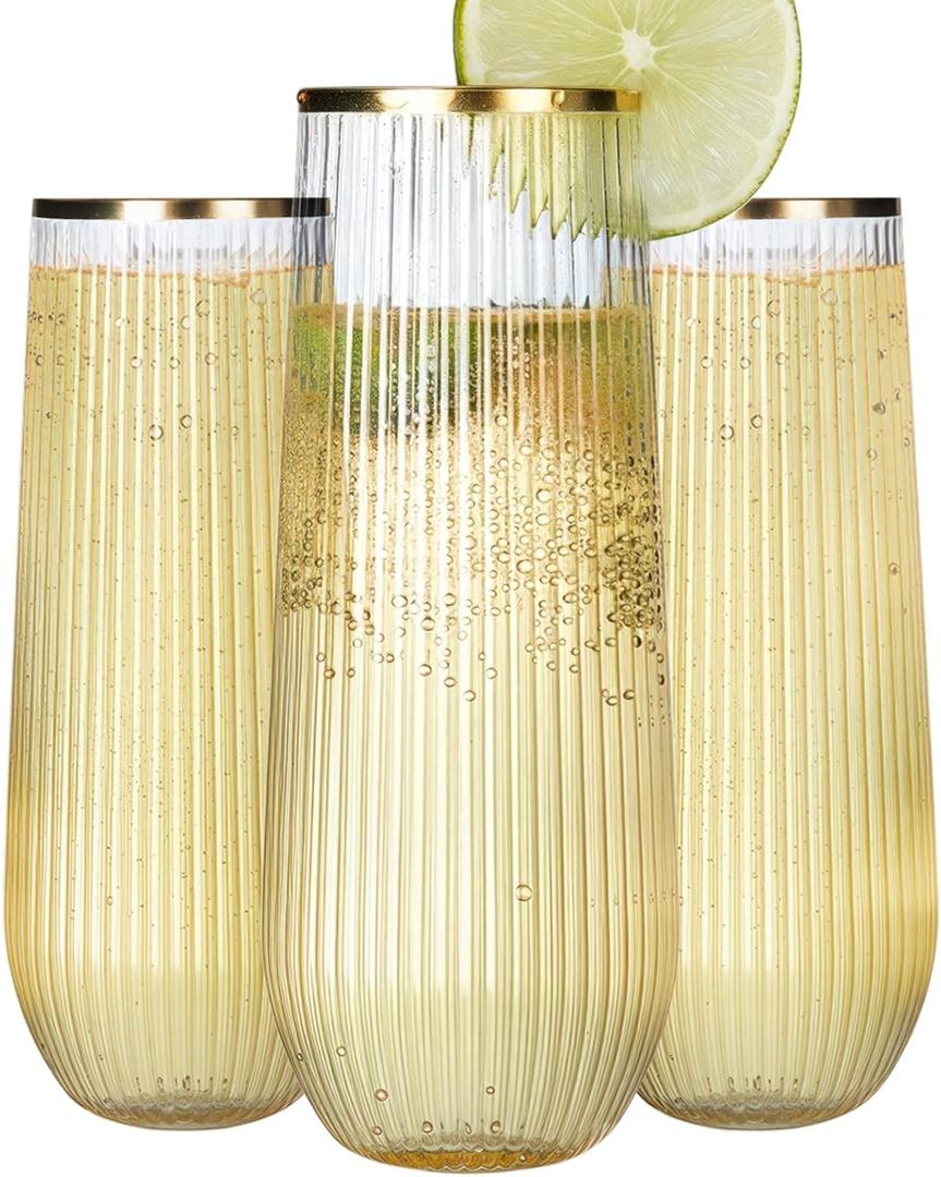 JoyGletss 48 Pack Plastic Champagne Flutes Stemless 9 Oz, Ribbed Ripple Gold Rim Unbreakable Champagne Glasses, Elegant Durable Shatterproof Recyclable Glasses Ideal for Wedding Parties