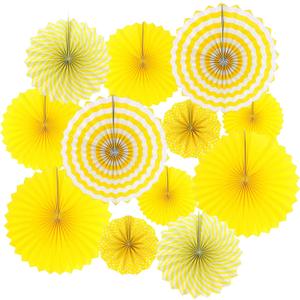 LRCXL 12PCS Party Hanging Paper Fans Set, Fiesta Round Pattern Paper Garlands Decoration Party Supplies for New Year Baby Shower Birthday Wedding Graduation Events Accessories(Yellow)