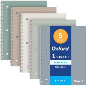Oxford Spiral Notebooks, 5 Pack, Wide Ruled, 70 Sheets, Earthtone Covers | 3 hole punched to fit any binder. Perforated sheets tear out easily. Color coded covers. One notebook per subject.