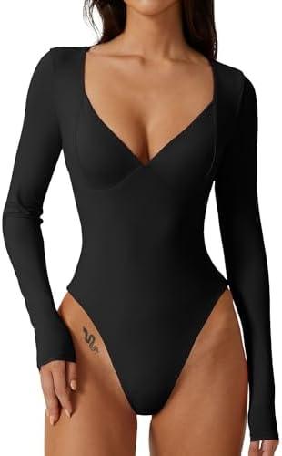 QINSEN Women's Long Sleeve Bodysuit V Neck Body Suits Seamed Cup Going Out Tops Shirt, Medium