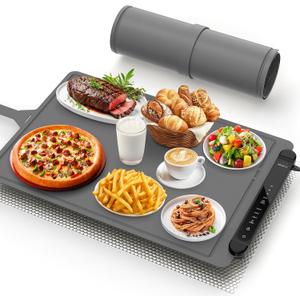 Food Warming Mat Electric Tray: Adjustable Silicone Heating Pad with 3 Temperature Settings 4 Timer Function Portable Roll Up Hot Plate for Buffets Party Gatherings Kitchen Countertop Black Gray (24 X 16 inch)