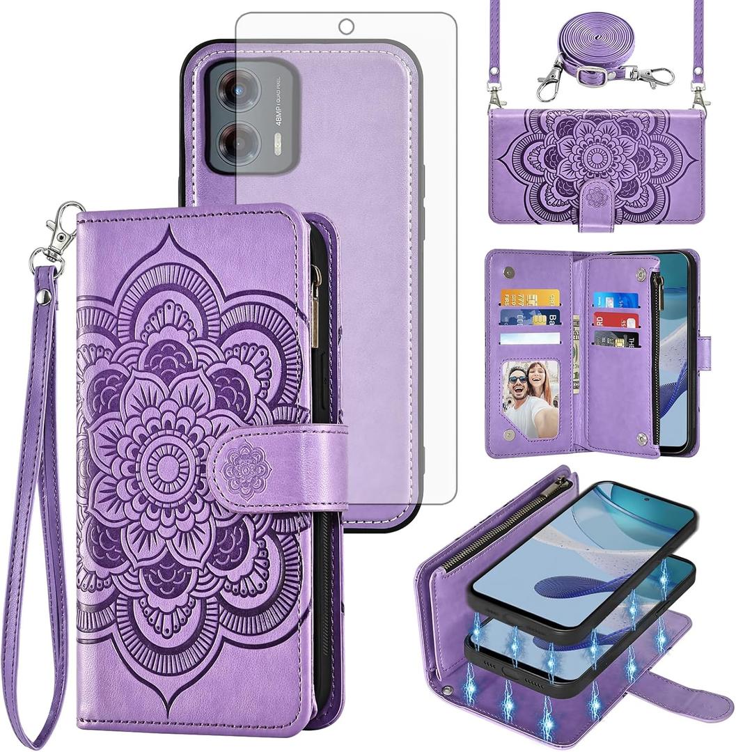 Asuwish Phone Case for Motorola Moto G 5G 2023 Zipper Wallet Magnetic Detachable Cell Cover with Tempered Glass Screen Protector Crossbody Strap Mandala Flower Card Holder G5G G5 Women Girls Purple