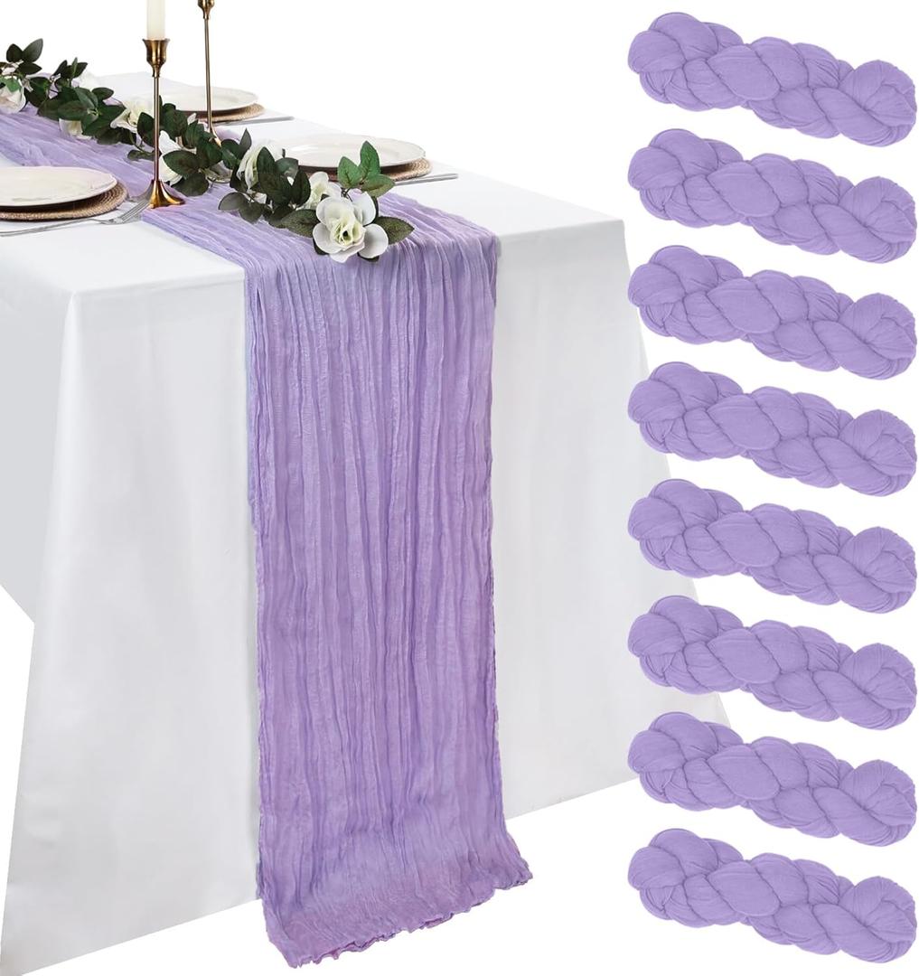 8 Pack Lilac Purple Cheesecloth Table Runner Easter 10ft Boho Gauze Fabric 120 Inch Cheese Cloth Table Runner Rustic Sheer for Spring Romantic Wedding Decor Baby Shower Party Decoration