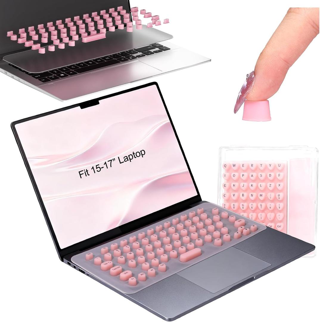 Universal Laptop Keyboard Cover for Long Nails -Bonus a DIY Film, 119 Pcs Raised Keyboard Stickers to Protect Long Nails for Mac/HP/DELL/Lenovo/Acer/Asus/Samsung(Pink, for 15.6" Laptop)