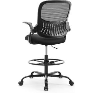 Sweetcrispy Tall Drafting Desk Chair - Ergonomic High Stool Computer with Adjustable Height and Comfy Lumbar Support, Office Rolling Counter with Flip-up Arm and Footrest, Black, 48.4 inches x 24 inches x 25.2 inches