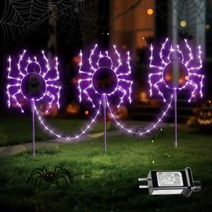 YOUNGAR Halloween Spider Outdoor Lights,3 Pack LED Spider Walkway Lights, Purple Garden Stake String Lights with Timer Memory and 8 Modes for Halloween Party Porch Yard Pathway Decor