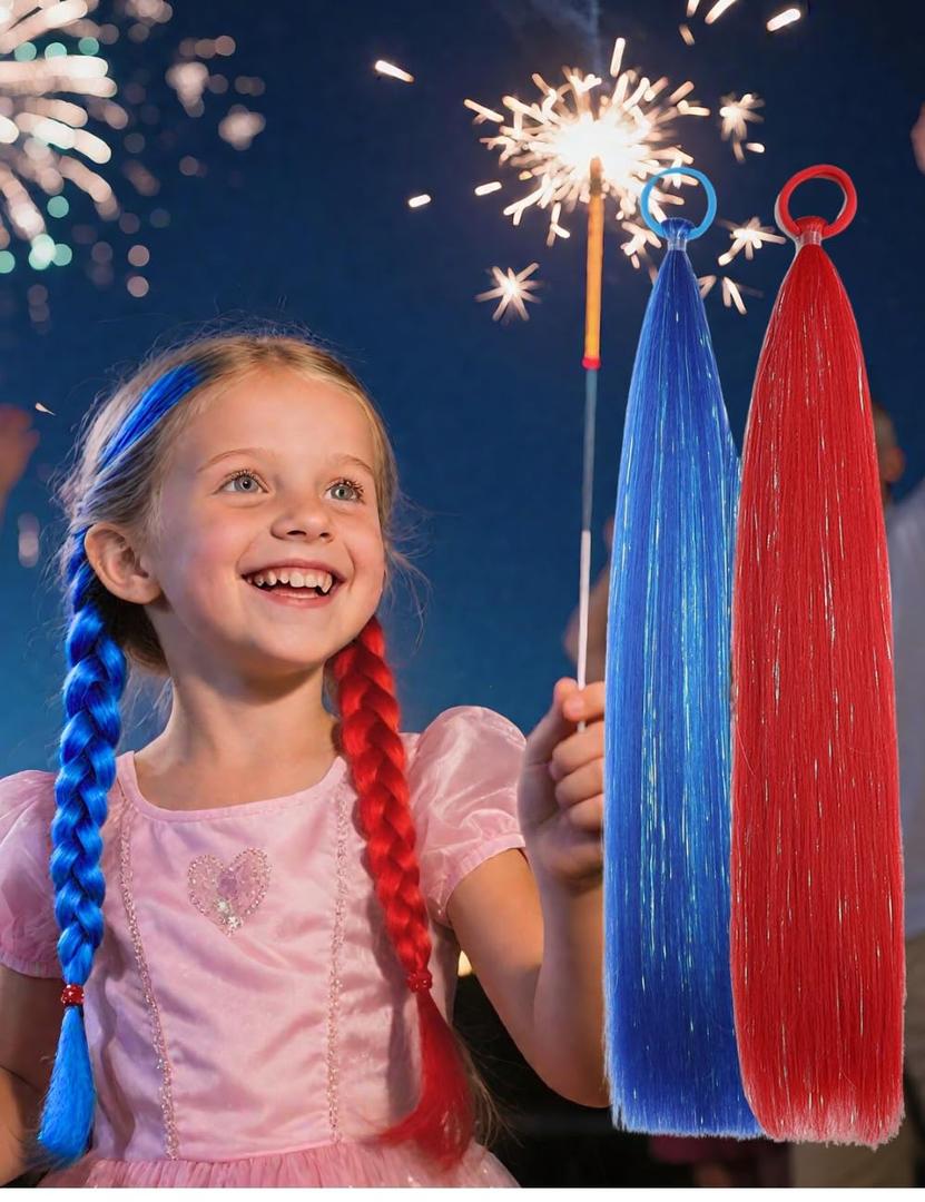 Colored Hair Extensions Red and Blue Ponytail Extension 2 Packs, 20 inch Crazy Hair Day Accessories for Women, DIY Festival Wacky Rave Braids,Tinsel Mixed