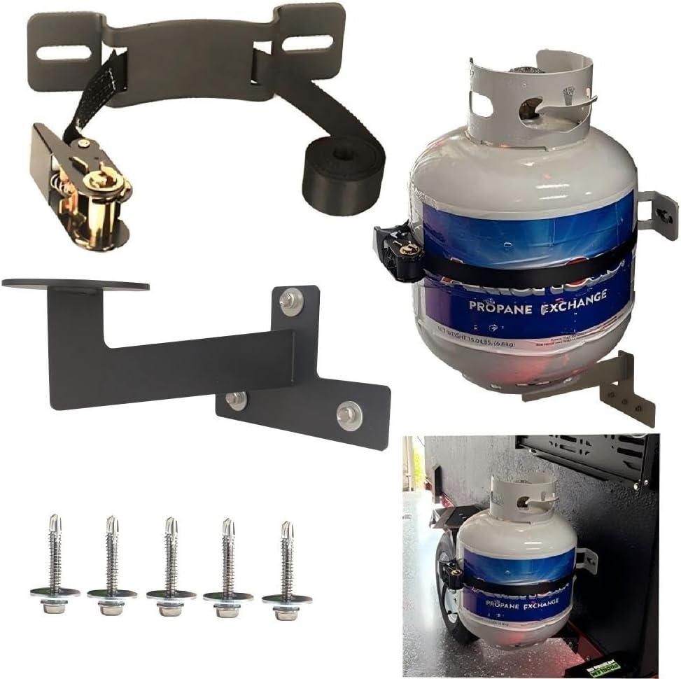RV Propane Tank Cylinder Rack and Trailers Secure Exchange Propane Cylinder Mount for Campers, Trailers & Outdoor Use (Fits Standard 20-30lb Tanks) (Black with Bottom Bracket)